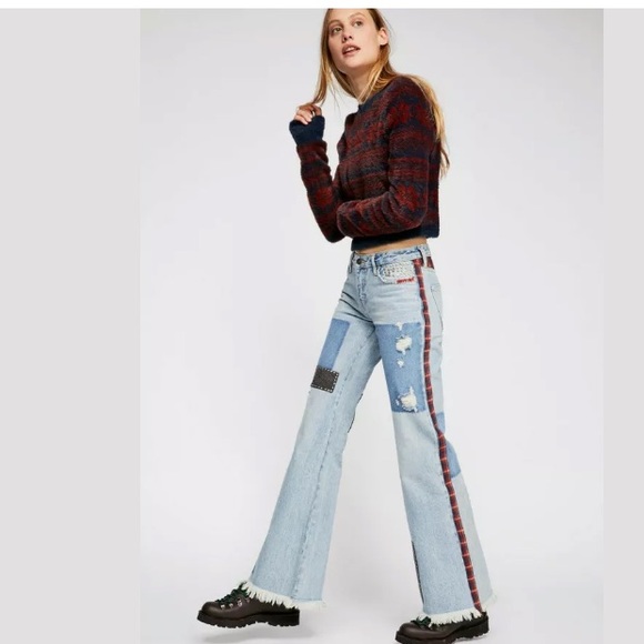 Free People We The Free Mixed Plaid Slim Flare - Picture 2 of 13